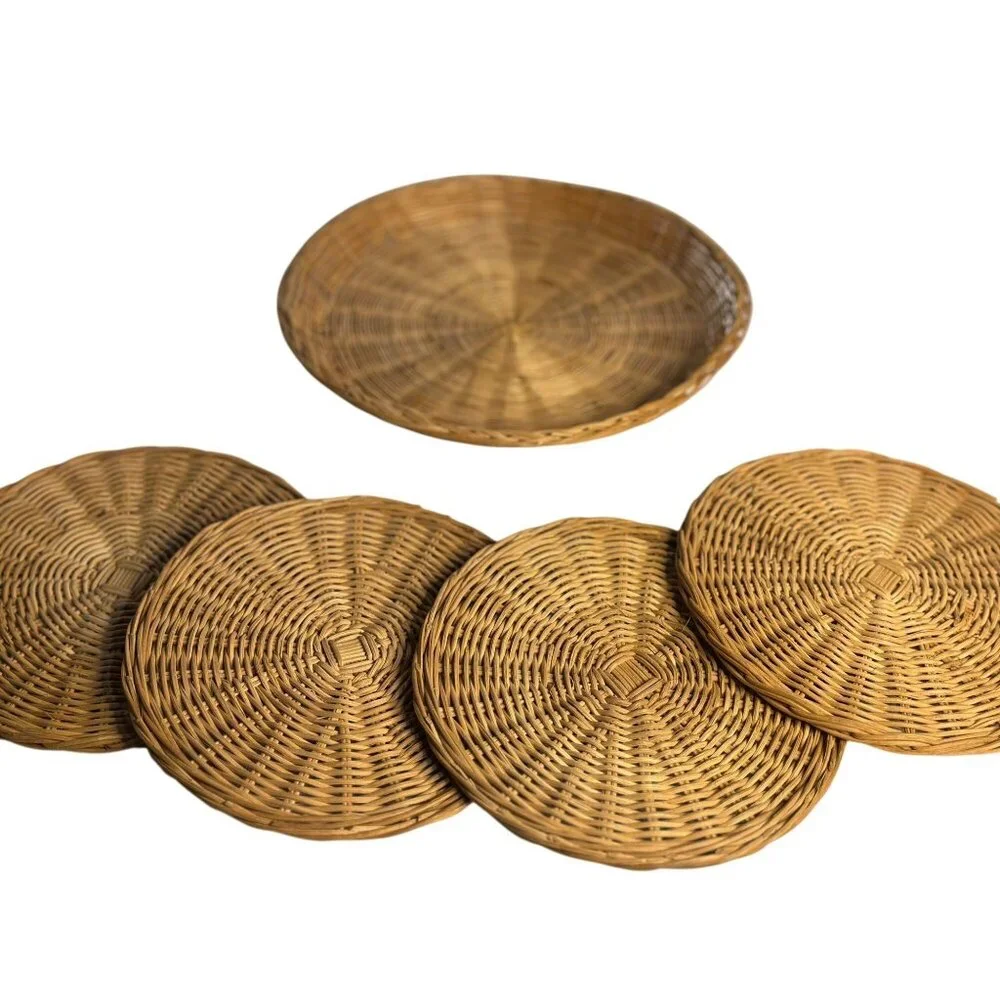 Woven Wicker Rattan Paper Plate Holder & Placemats – Set 4 Boho Rustic Tableware
